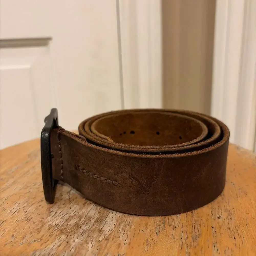 American Eagle Outfitters Men's Distressed Brown Leather Belt with Square Buckle